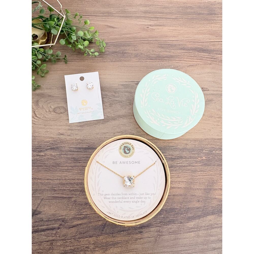 Spartina 449 Gold Necklace + CZ Stud Earrings Set Be Awesome Gift Inspirational
